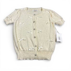 Cocobleu Button Cardigan Cream Ribbon Bow Shimmer Short Sleeve Sweater S NWT